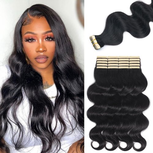 Liqusee Body Wave Tape In Hair Extensions Human Hair 100% Remy Human Hair Natural Black 18 inch 20pcs 50g/Pack Seamless Invisible PU Skin Weft Tape ins Real Human Hair Extensions for Black Women