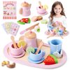 Wooden Tea Party Set, Tea Set for Little Girls 1-3 Toddler Tea Sets for Girls 2-4 with Wooden Toys Food Pretend Play Tea Party Wooden Kitchen Toys Playset Christmas Birthday Gift