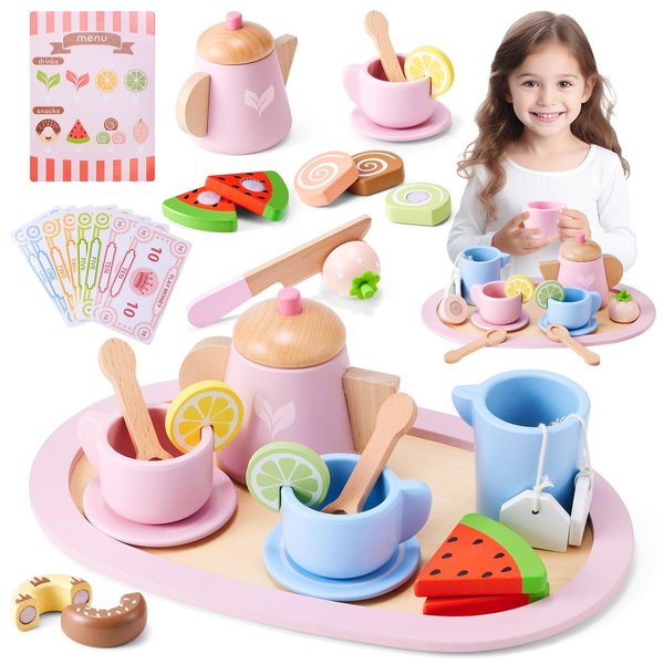 Wooden Tea Party Set, Tea Set for Little Girls 1-3 Toddler Tea Sets for Girls 2-4 with Wooden Toys Food Pretend Play Tea Party Wooden Kitchen Toys Playset Christmas Birthday Gift