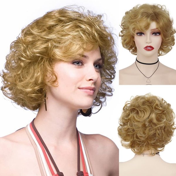 GNIMEGIL Short Wig Blonde Curly Wave Wigs for Women Synthetic Curls Hair Wig with Bangs Mother Natural Wig Cosplay Halloween Costume for Women