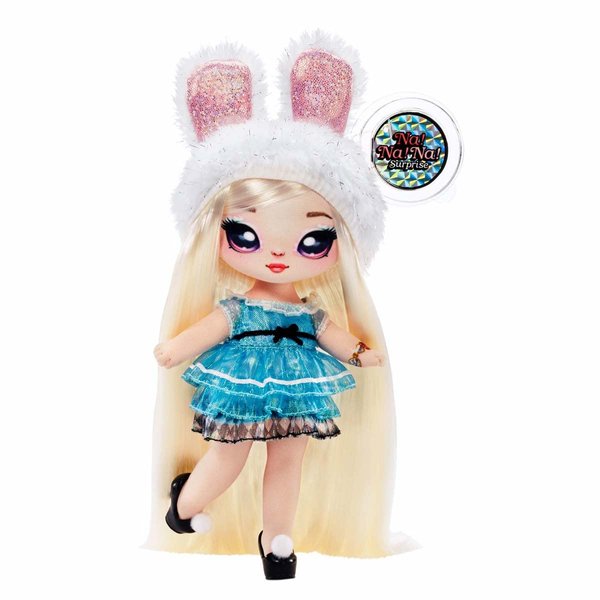 Na! Na! Na! Surprise Glam Series Alice Hops Fashion Doll and Metallic Rabbit Purse, Blonde Hair, Shiny Blue Dress, Bunny Ears Hat & Accessories, 2-in-1 Kids Gift, Toy for Girls Ages 5 6 7 8+ Years