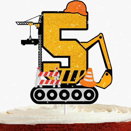 Construction Cake Topper for Boys Girls Baby Shower 5th Happy Birthday Construction Theme Party Supplies Building Truck Tractor Crane Excavator 5 Cake Decorations