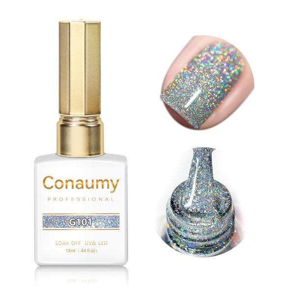 Conaumy Silver Glitter Gel Polish 1 Pcs 13ml Sparkle Nail Polish Glitter Nail Polish Gel Reflective Diamond Silver Gel Nail Polish Soak Off UV Light Cure Nail Manicure Salon DIY at Home-G101