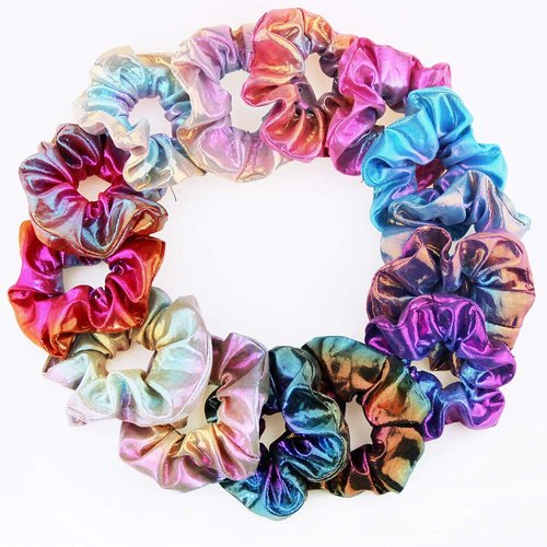 14pcs Rainbow Shimmering Metallic Hair Ties Cute and Fluffy Elastic Fabric Scrunchies Soft for Ponytail Holder for Women Girls