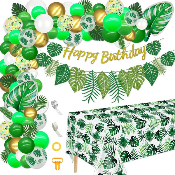 Tropical Balloons Arch Garland Kit Hawaiian Party Happy Birthday Banner Tropical Palm Leaves Tablecloth for Tropical Hawaii Aloha Luau Dinosaur Safari Baby Shower Wedding Theme Party Decorations