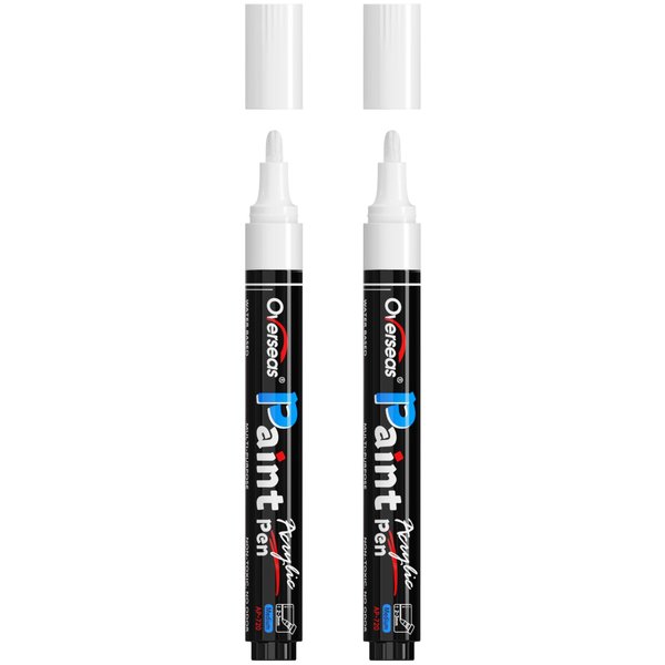 Overseas White Paint Pens Paint Markers - Permanent Acrylic Markers 2 Pack, Water Based, Quick Dry, Waterproof Paint Marker Pen for Rock, Wood, Plastic, Metal, Canvas, Glass, Fabric, Mugs. Medium Tip