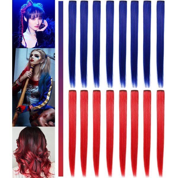 SARARHY 16 PCS Blue and Red Hair Extensions Colored Party 21inch Highlights Straight Hair Extension Clip in For Girls and Kids Women Halloween Costume Wig Pieces Accessories