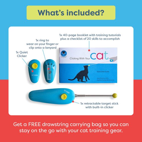 CAT SCHOOL Clicker Training Kit - 1 Cat Training Clicker, 1 Target Stick, 1 Step-by-Step Instruction Booklet - Clicker Tools for Cat Training, Fist Bump Training, Positive Behavior