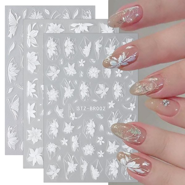 JMEOWIO 6 Sheets 3D Embossed Flower White Nail Art Stickers Decals Self-Adhesive Pegatinas Uñas 5D Spring Summer Floral Nail Supplies Nail Art Design Decoration Accessories