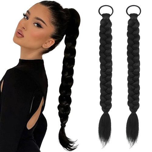 2Pcs Braided Ponytail Extensions with Hair Ties Soft Synthetic Hair Pieces Straight Wrap Around Hair Extensions Pony Tail Hairpieces Accessories for Women Daily Wear 16 Inch (Natural Black)