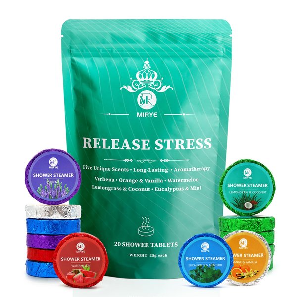 MR MIRYE Shower Steamers Aromatherapy, 20-Pack Shower Bombs Organic with Verbena, Orange&Vanilla, Watermelon, Lemongrass&Coconut, Eucalyptus&Mint Essential Oil, Birthday Gifts for Her