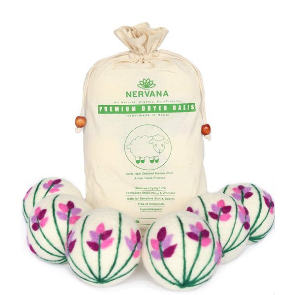Organic Wool Dryer Balls - Lavender 6 XL Premium Quality Reusable Natural Fabric Softener, 100% Hand Made, New Zealand Merino Wool, Bunch of Lavender, Fair-Trade