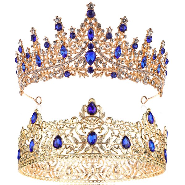 2 Pcs King and Queen Crowns Set King Crowns for Men Royal Crown with Black Rhinestone Crystal Crowns for Women Princess Crown Tiara Costume Headwear for Wedding Homecoming Party Decorations