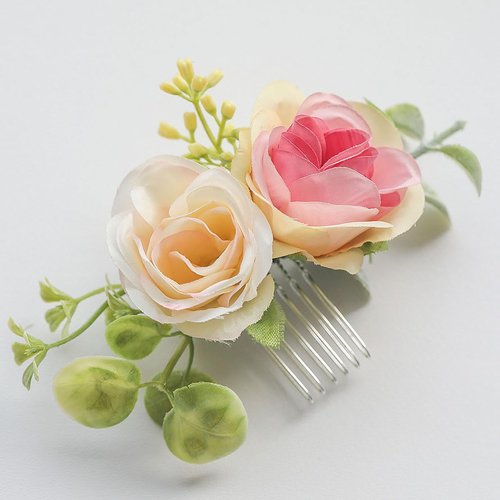 Fangsen Wedding Boho Blue Pink Orange Yellow Rose Flower with Grass Leaves Hair Comb Bridal Headpiece Floral Hair Accessories for Brides and Bridesmaids Silver (Ivory+Pink)
