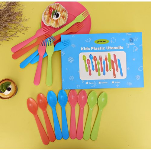 Jawbush 16 Pcs Kids Plastic Utensils, Reusable Toddler Feeding Utensils with 8 Kids Forks and 8 Kids Spoons, Colorful Kids Silverware Cutlery Set for School Lunch Box, BPA Free Dishwasher Safe