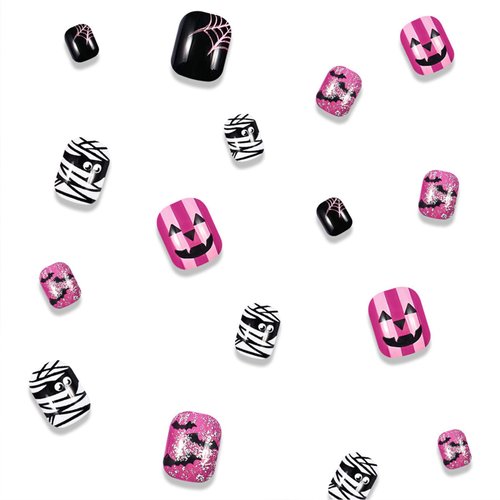 Halloween Press on Nails Short Square Fake Nails Mummy Grimace Designs Halloween Nails Press ons Short Glue on Nails Spider Web Bat Glitter False Nails Black Purple Stick on Nails for Women 24pcs