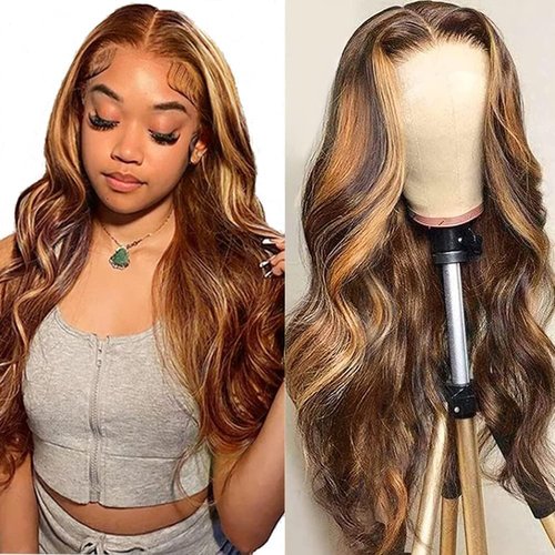 IDHERE Highlight Lace Front Wig Human Hair 20 Inch Body Wave Ombre Honey Blonde Human Hair Wigs For Women Balayage 13x6 Transparent Lace Frontal Wigs 180% Density Colored 4/27 Lace Front Wig