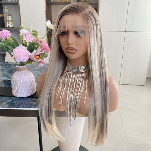 Carkira Ash Blonde Wigs with Brown Highlight Ombre Dark Root 13x6 Lace Front Wig Long Silk Straight Pre Plucked Synthetic Fiber Piano Color 24Inch for Women Girls