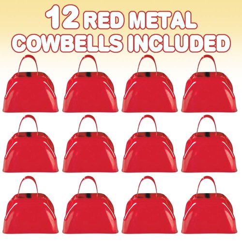 ArtCreativity 3 Inch Red Metal Cowbell Noisemakers - Pack of 12 - Loud Metal Cowbell Noise Makers with Handles, Great for Football Games, Sporting Events, New Year’s Eve, for Kids and Adults