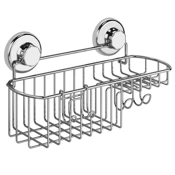 HASKO accessories - Powerful Vacuum Suction Cup Shower Caddy Basket for Shampoo - Combo Organizer Basket with Soap Holder and Hooks - Stainless Steel Holder for Bathroom Storage (Chrome)