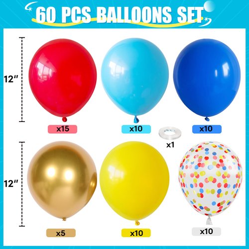 Carnival Circus Balloon Kit, 60PCS 12 Inches Red Yellow Blue Balloons Carnival Helium Balloons with Confetti Latex Balloons for Kids Boys Baby Shower Birthday Party Decoration Supplies