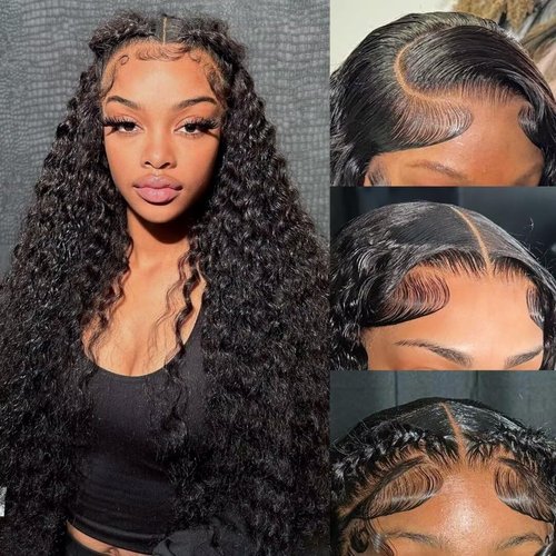 Aicrelery 13x6 HD Lace Front Wigs Human Hair Deep Curly Human Hair Wig For Women 180% Density 13x6 Lace Front Wig Pre Plucked With Baby Hair Female Wig Free Part Super Soft Natural Black 22 Inch