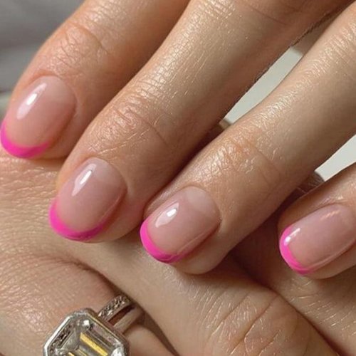 GLAMERMAID Press on Nails Short Squoval,Hot Pink French Tips False Nails with Design,24 Pcs Extra Short Glue on Nails UV Glossy Reusable Acrylic Stick on Nails for Women Girls Gift
