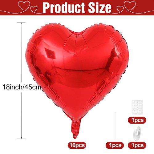 GRESATEK Red Heart Balloons,10Pcs Red Foil Heart Shaped Love Balloons,18Inch Red Helium Mylar Balloons for Valentines,Engagement,Brithday,Baby Shower,Wedding Party Decorations