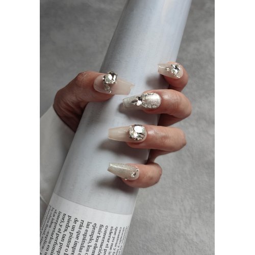 Handmade Press on Nails - Vividvibe Long Coffin Flash Glitter Cat's eye stereo Diamond.Re-usable and Eco-friendly,Come with Glue Tabs,10 pcs (Silver diamond, S),Midnight smoke