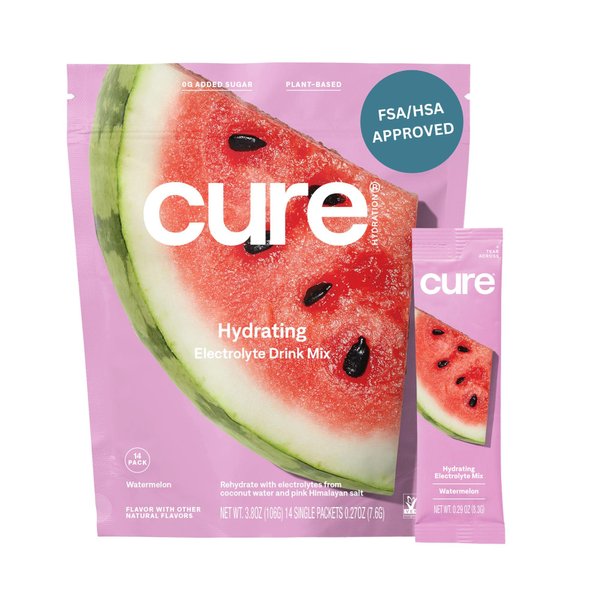 Cure Hydration | Plant-Based Electrolyte Drink Mix | No Added Sugar | Dehydration Relief Powder Made with Coconut Water | Non-GMO | Vegan | FSA & HSA | Pouch of 14 Packets - Watermelon