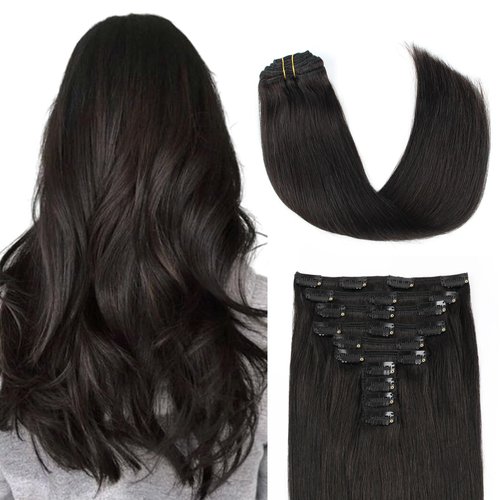 Lovrio 160g 20 inch Clip in Virgin Human Hair Extensions, Double Weft Make Full Head Clip ins, Colored 1B Off Black 10 pieces 21 clips