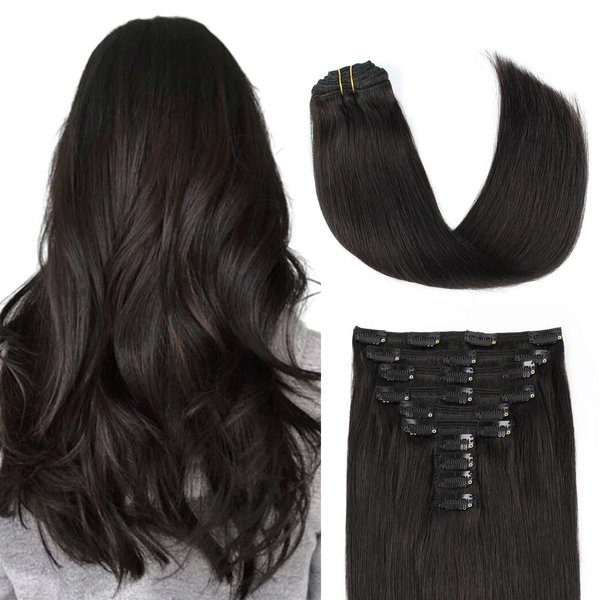 Lovrio 160g 20 inch Clip in Virgin Human Hair Extensions, Double Weft Make Full Head Clip ins, Colored 1B Off Black 10 pieces 21 clips