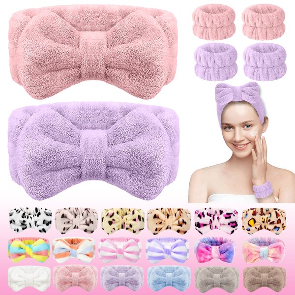 CHNLML Women Spa Headband Sponge,6PCS Bow Face Wash Headband and Wristband Set, Makeup Headband, Spa Headband,Makeup Headband, Skincare Headbands (6PSC-Pink+Purple)