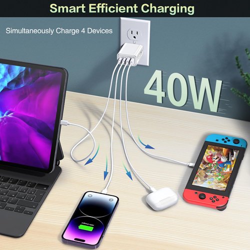 [2-Pack] USB C Wall Charger, 40W 4-Port PD Fast USB C Charging Block, 2USB C+2USB A Multiport Plug,Type C Power Adapter Brick for iPhone 16 15 14 13 12 11 Pro Max XS XR, iPad, SamsungTablet