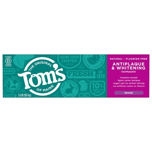 Tom's of Maine Fluoride-Free Antiplaque & Whitening Natural Toothpaste, Fennel, 5.5 oz. 2-Pack