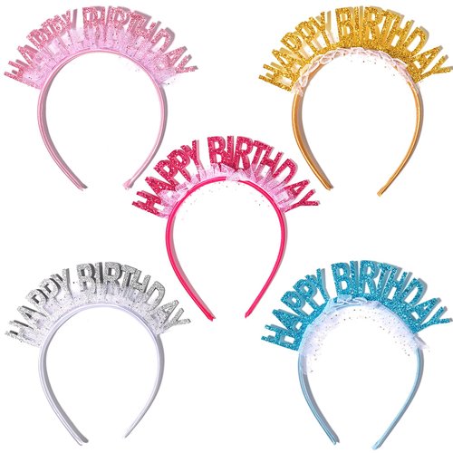 DIUEWOW 5PCS Birthday Headband for Women and Girls Glitter Birthday Crown Birthday Tiara Set Happy Birthday Hair Hoop Sweet Happy Birthday Accessories