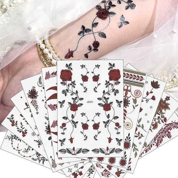 Xmasir Gold Henna Tattoo Kit Sticker, 10 Sheets Indian Arabian Temporary Henna Stickers Waterproof Henna Tattoo Stickers for Body Art Paint (Gold-1)