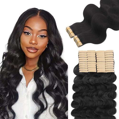 Lashey Human Hair Tape in Hair Extensions 40pcs 100g Natural Black Body Wave Real Human Hair 24 Inch Long Hair Skin-Weft Tape in Hair Extensions for Women