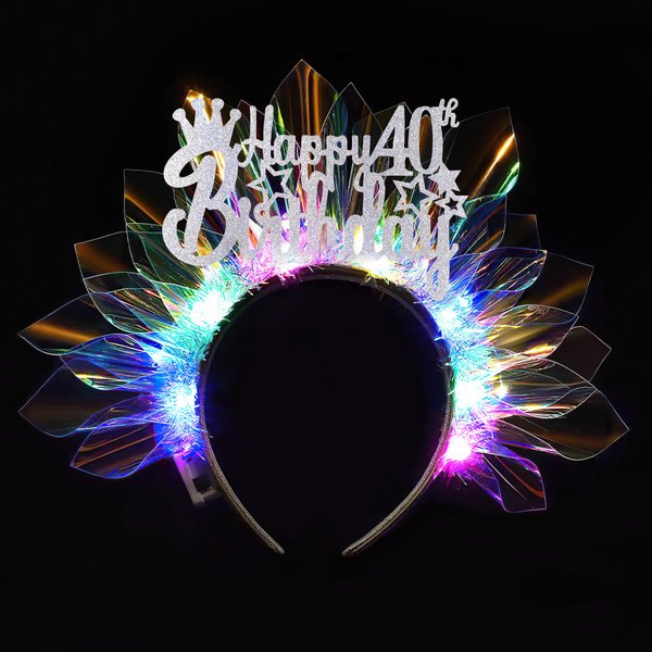 RENEMEGO Happy 40th Birthday Headband - Handmade LED Glowing Laser Light Up Birthday Crown Flashing 40 Years Old Bday Tiara Hair Accessories for Women Party Favors Gifts Photo Prop Decorations