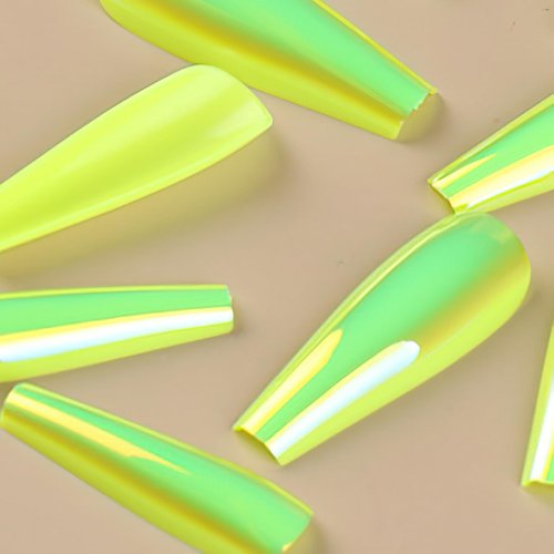 Fluorescent Green Chrome Press on Nails Long Ballerina Fake Nails Metallic Mirror Coffin False Nails Fluorescent Green Glue on Nails Laser Acrylic Nails for Women Girls Manicure Nail Decoration 24pcs