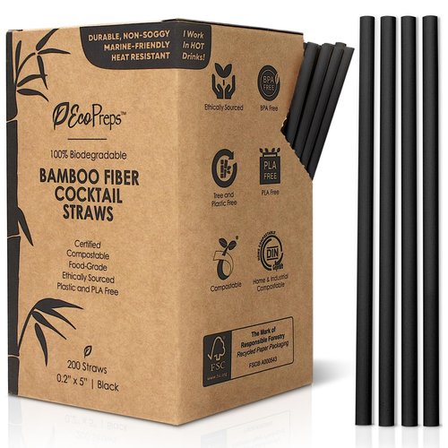 EcoPreps 5” Short Biodegradable Bamboo Fiber Cocktail Straws | 200 Count, 100% Compostable, Plastic-Free, Eco-Friendly Drinking Straws | 5-Inch, Heat-Resistant PHA Coffee and Cocktail Stirrers (Black)