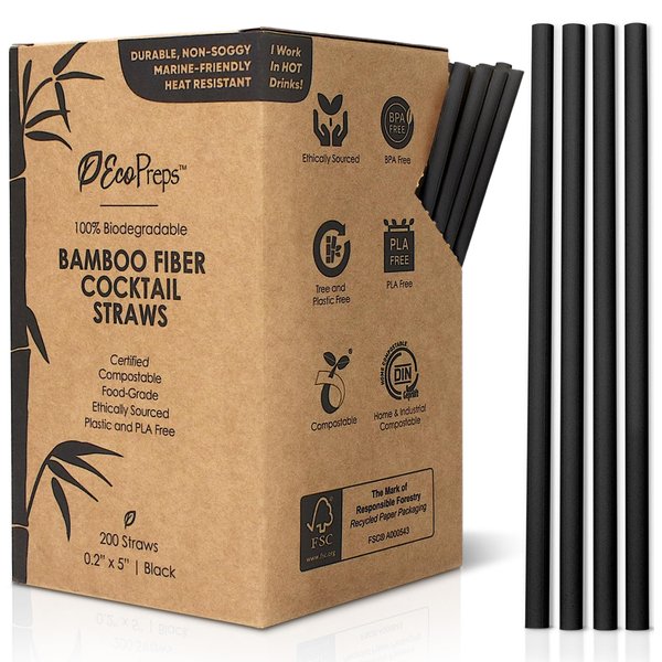 EcoPreps 5” Short Biodegradable Bamboo Fiber Cocktail Straws | 200 Count, 100% Compostable, Plastic-Free, Eco-Friendly Drinking Straws | 5-Inch, Heat-Resistant PHA Coffee and Cocktail Stirrers (Black)