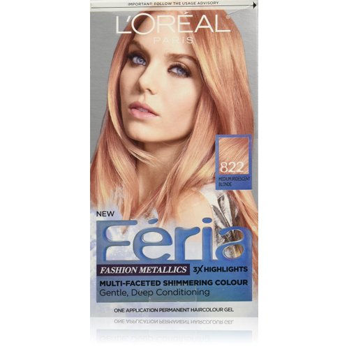 L'Oreal Paris Feria Multi-Faceted Shimmering Permanent Hair Color, 822 Rose Gold (Medium Iridescent Blonde), Pack of 1, Hair Dye