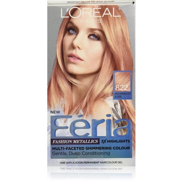 L'Oreal Paris Feria Multi-Faceted Shimmering Permanent Hair Color, 822 Rose Gold (Medium Iridescent Blonde), Pack of 1, Hair Dye