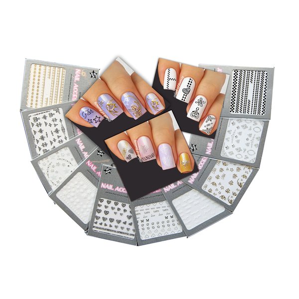 Lovely Nail Art 3D Stickers Decals Silver Gold Black & White Variety Pack of 10 - Long Ornaments ♥ Hearts ♥ Fish ♥ - / GSBWIII /