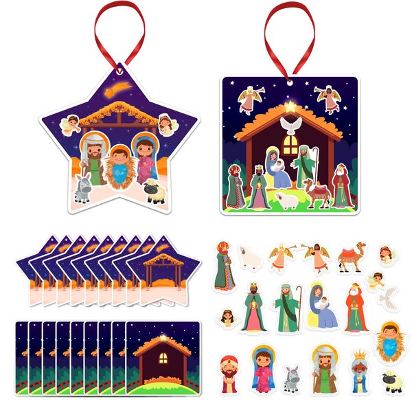 SIOCHOME Make a Nativity Scene Sticker Ornament Craft Kit Christmas 24 Religious DIY Nativity Christmas Stickers Christmas Ornaments Craft Set with Ropes for Religious Party Favor Game for Kids