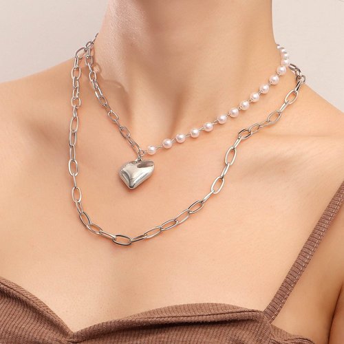 YienDoo Boho Layered Pearl Choker Necklace Chain Vintage Silver Heart Pendant Cuban Chain Necklace Rock Statement Pearl Heart Necklace Asymmetrical Pearl Strand Necklace Jewelry for Women and Girls