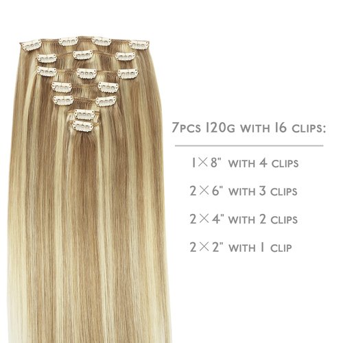 WENNALIFE Clip in Human Hair Extensions, 16 Inch 120g 7pcs Light Blonde Highlighted Golden Blonde Hair Extensions Clip In Human Hair Remy Clip in Hair Extensions Real Human Hair Double Weft