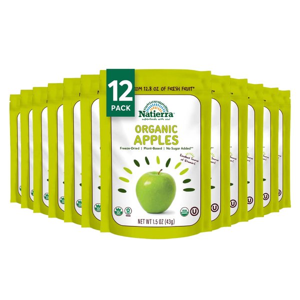 NATIERRA Organic Freeze-Dried Apples | No Sugar Added | USDA Organic, Non-GMO & Vegan | 1.5 oz (Pack of 12)