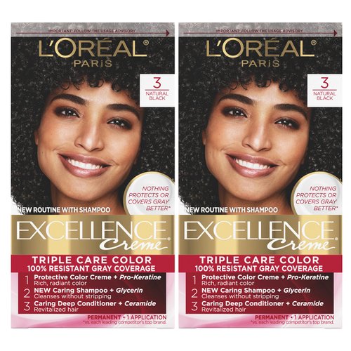L'Oreal Paris Excellence Creme Permanent Hair Color, 3 Natural Black, 100 percent Gray Coverage Hair Dye, Pack of 2